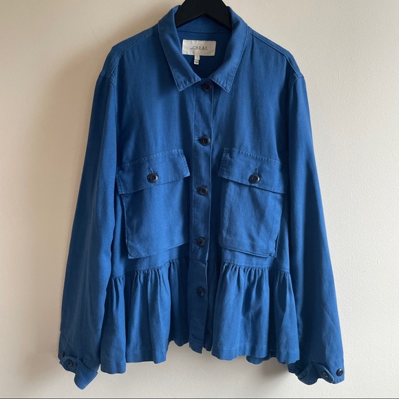 THE GREAT. Jackets & Blazers - The Great linen blend blue chore jacket coat w ruffle size M